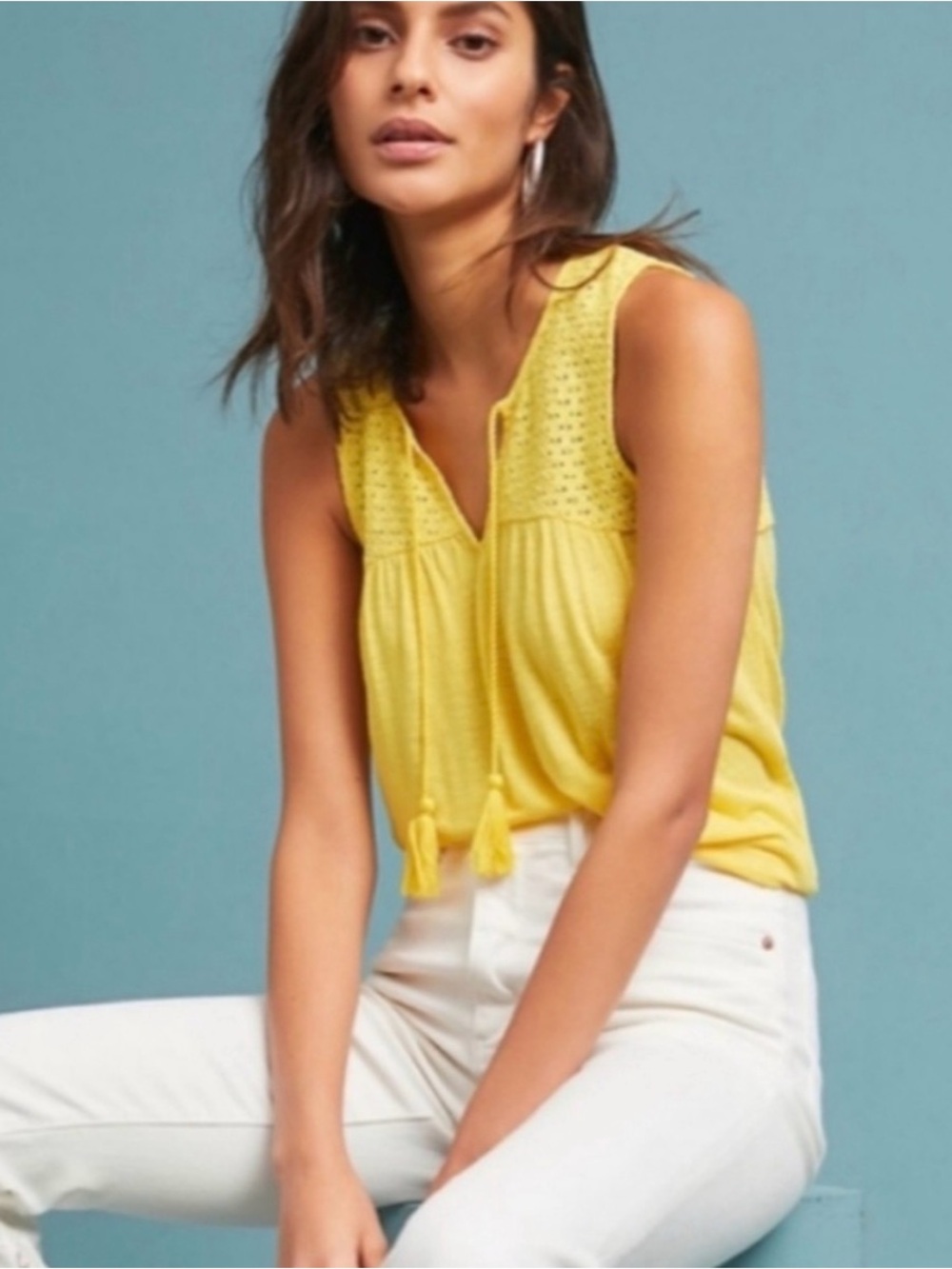 Anthropologie Akemi + Kin Piaf Yellow Linen Crochet Yoke Tassel Tank Top Medium